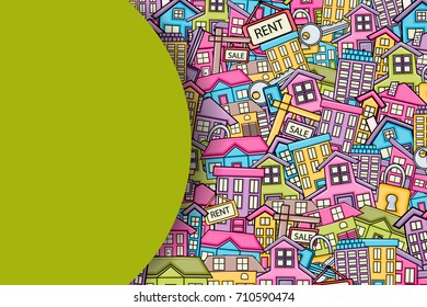 Real estate concept in 3d cartoon doodles background design. Hand drawn colorful vector illustration.