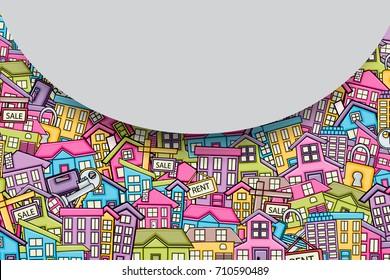 Real estate concept in 3d cartoon doodles background design. Hand drawn colorful vector illustration.