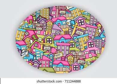 Real estate concept in 3d cartoon doodles background design. Hand drawn colorful vector illustration.