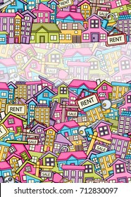 Real estate concept in 3d cartoon doodles background design. Hand drawn colorful vector illustration.