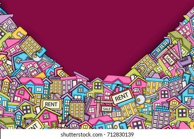 Real estate concept in 3d cartoon doodles background design. Hand drawn colorful vector illustration.