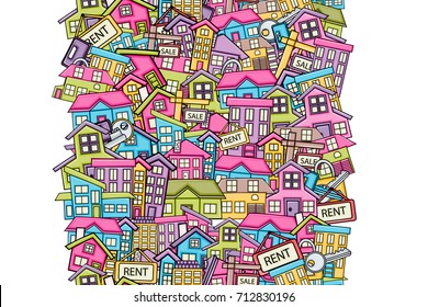 Real estate concept in 3d cartoon doodles background design. Hand drawn colorful vector illustration.