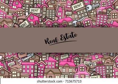 Real estate concept in 3d cartoon doodle background design. Hand drawn colorful vector illustration.