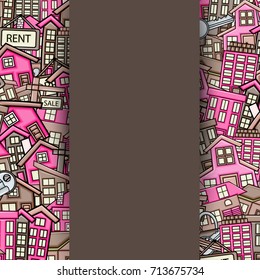 Real estate concept in 3d cartoon doodle background design. Hand drawn colorful vector illustration.