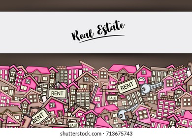 Real estate concept in 3d cartoon doodle background design. Hand drawn colorful vector illustration.
