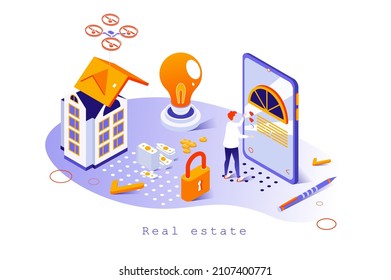 Concepto inmobiliario en diseño isométrico 3d. Compra y venta de casas y apartamentos, empresa de construcción, negocio inmobiliario, plantilla web con escena de personas. Ilustración vectorial para la página web