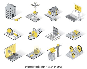 Real estate concept 3d isometric icons set. Pack elements of house, key, rent, sell, buy, blueprint, search, building, apartment, property and other. Vector illustration in modern isometry design