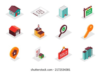 Real estate concept 3d isometric icons set. Pack isometry elements of house, architect blueprint, rent, garage, search, key, location, skyscraper and other. Vector illustration for modern web design