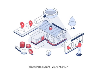 Real estate concept in 3d isometric design. Man researching architect blueprints, searching new home at housing market, buying property. Vector illustration with isometry people scene for web graphic