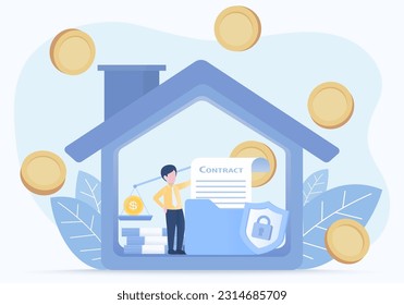 Real estate concept. Agent guarantees the purchase of a property through a mortgage contract agreement. Flat vector design illustration.