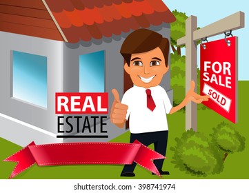 Real estate concept. Real estate agent  shows the thumb up and  pointing  at  sold house