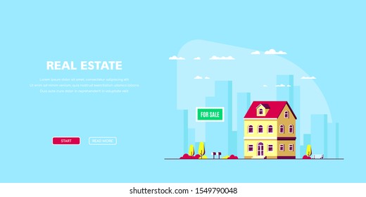 Real Estate Concept Banner in Flat Style. Apparmnet Building in front of Big City. Stock Vector illustration