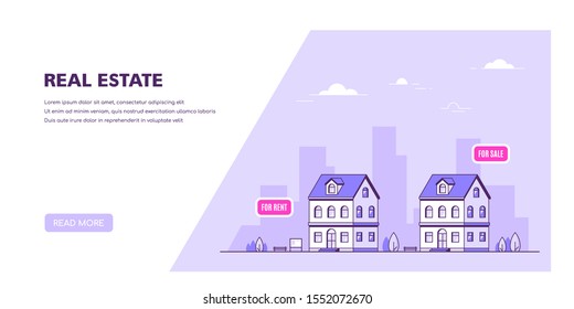Real Estate Concept Banner in Flat Style. Apparmnet Building in front of Big City. Stock Vector illustration