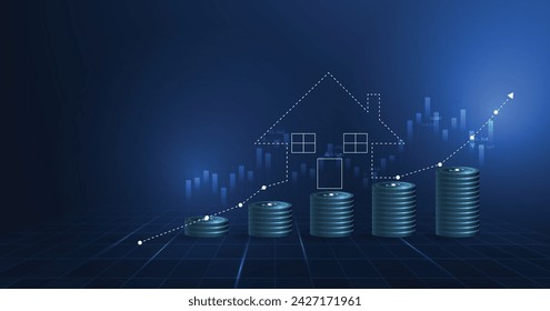 Real estate concept. Blue stack of coins and house icon graph, up arrow on dark blue background. Analyzing market sales for home property investments and economic growth.