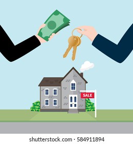 Real Estate Concept. Businessman's hand buying a house. Realtor's hand giving keys to client.