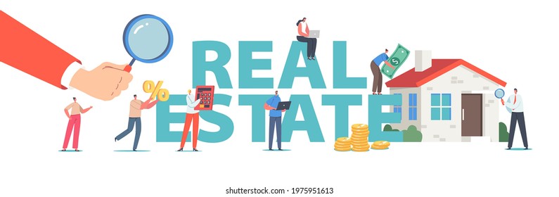 Real Estate Concept. Characters Mortgage Service, Buying House, Tiny Man Holding Huge Percent near Building, Home Value Professional Appraisal Poster, Banner, Flyer. Cartoon People Vector Illustration