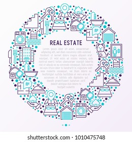 Real estate concept in circle with thin line icons: apartment house, bedroom, keys, elevator, swimming pool, bathroom, facilities. Modern vector illustration for web page, print media.