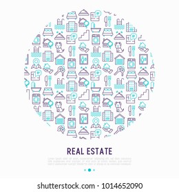 Real estate concept in circle with thin line icons: apartment house, bedroom, keys, elevator, swimming pool, bathroom, facilities. Modern vector illustration for web page, print media.