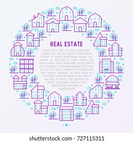Real estate concept in circle with thin line houses and trees. Modern vector illustration for background of banner, web page, print media.