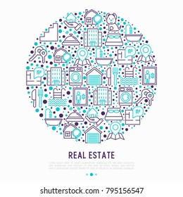 Real estate concept in circle with thin line icons: apartment house, bedroom, keys, elevator, swimming pool, bathroom, facilities. Modern vector illustration for web page, print media.