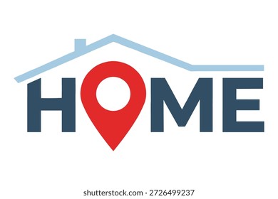 Real estate concept combining house shape text with map marker symbolizing finding address.