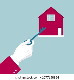 Real estate concept design, hand holding retro keys, open house.