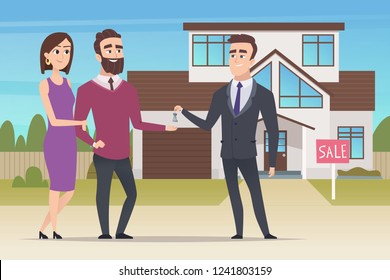 Real estate concept. Family couple buying new house or big appartment sales manager hands over the keys vector characters