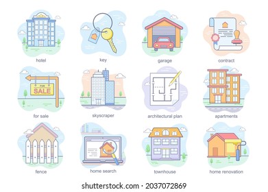 Real estate concept flat icons set. Bundle of hotel, key, garage, contract, skyscraper, architectural plan, apartments, home search and other. Vector conceptual pack color symbols for mobile app