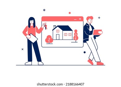 Real estate concept in flat line design with people scene. Woman holds keys to new home . Man searching apartment online. Realtor sells and rents houses for clients. Vector illustration for web