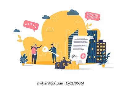 Concepto inmobiliario de estilo plano. Realtor da clave a la escena de los nuevos propietarios. Agencia inmobiliaria, banner web de compra, alquiler e hipoteca. Ilustración vectorial con personajes de personas en situación.