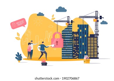 Real estate concept in flat style. Realtor unlocking lock with key scene. Residential real estate property, engineering and construction banner. Vector illustration with people characters in situation