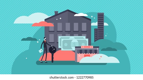 Real Estate Concept Flat Vector Illustration. Abstract Buildings With Sales Agent. Office Or Commercial Store Space, Private Family House And Apartments For Sale Or Rent. Housing Industry Worker.