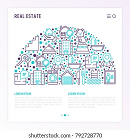 Real estate concept in half circle with thin line icons: apartment house, bedroom, keys, elevator, swimming pool, bathroom, facilities. Modern vector illustration for web page, print media.