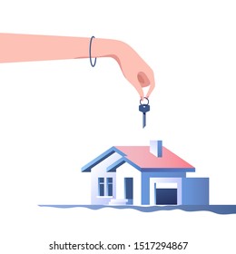 Real estate concept. Hand gives keys of new house. Buy, rental or lease a house. Vector illustration.