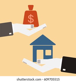 Real estate concept. Hands with house and money bag. Exchanging. Flat design style. Vector illustration.