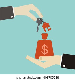 Real estate concept. Hands with keys and money bag. Exchanging. Flat design style. Vector illustration.