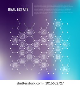 Real estate concept in honeycombs with thin line icons: apartment house, bedroom, keys, elevator, swimming pool, bathroom, facilities. Modern vector illustration for web page, print media.