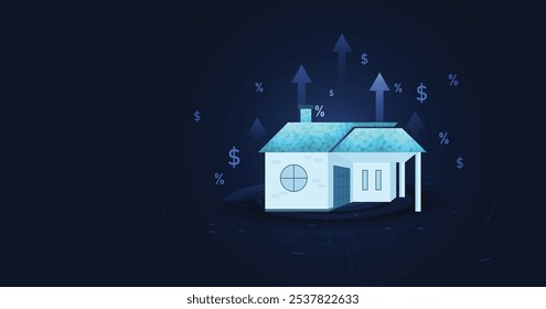 Real estate concept. House icon and up arrow on a dark blue background. Real estate investment ideas, home interest rates housing sales, real estate market.	