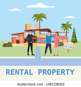 Real estate concept. House rent service. Modern family characters rent new luxury villa or big appartment sales manager hands over the keys. Realtor gives keys to family from new home. Broker services