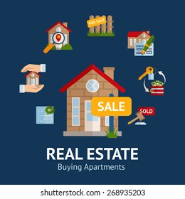 Real estate concept with house for sale and rent symbols vector illustration