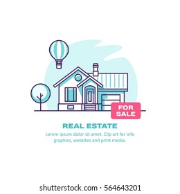 Real estate concept with house for sale. Vector illustration.