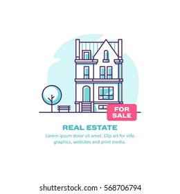 Real estate concept with house for sale. Vector illustration.