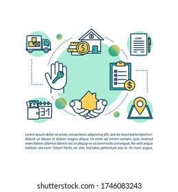 Symbol für das Immobilienkonzept mit Text. Kauf und Verkauf von Immobilien. Hypothek auf das Haus. Heimversicherung. PPT-Seitenvektorvorlage. Broschüre, Magazin, Booklet-Gestaltungselement mit linearen Abbildungen