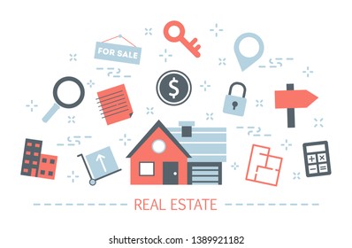 Real estate concept. Idea of house in property. Sale and buy apartment, building mortgage. Set of colorful icons. Isolated flat vector illustration