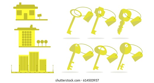 Real estate concept. Keys and houses icon. Vector illustration in flat design
