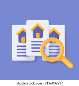 Real estate concept with magnifying glass, document and house icon. Searching home, appartments, property business agreement.