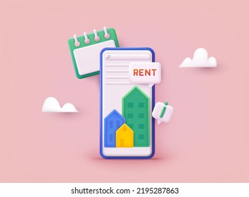 Real estate concept. Real Estate online sale or rent concept. Mobile app template. Real estate booking app on smartphone screen. 3D Web Vector Illustrations. 