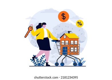 Real estate concept with people scene in flat cartoon design. Happy woman invests money in real estate, buys new apartment and gets keys to her property. Vector illustration visual story for web