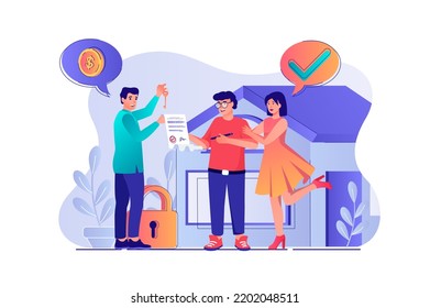 Real estate concept with people scene. Woman and man choosing apartment and buying new house, agent makes deal with buyers and gives key. Vector illustration with characters in flat design for web