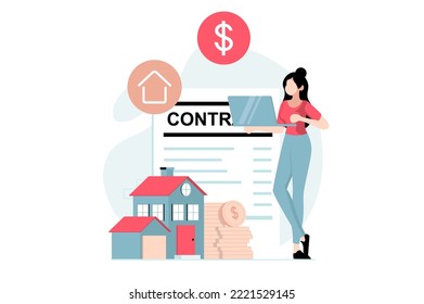 Real estate concept with people scene in flat design. Woman buying new house and signing contract with real estate agency, investing in dwelling. Vector illustration with character situation for web